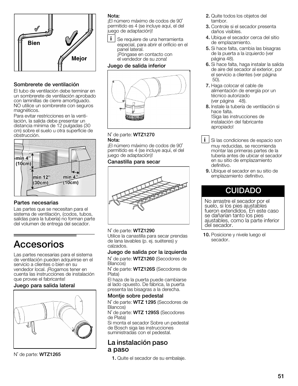 Accesorios, Cuidado, La instalación paso a paso | Bosch WTMC3321US User Manual | Page 51 / 64