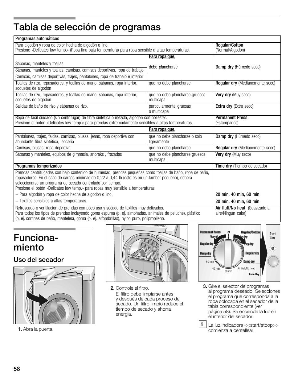 Tabla de selección de programas, Funcionać miento, Uso del secador | Bosch WTMC3321US User Manual | Page 58 / 64