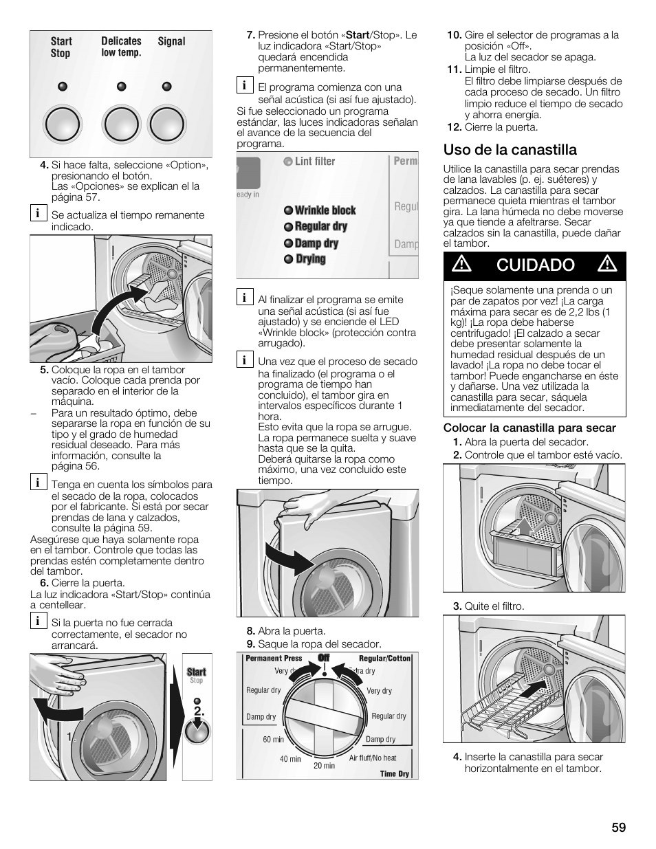 Cuidado, Uso de la canastilla | Bosch WTMC3321US User Manual | Page 59 / 64