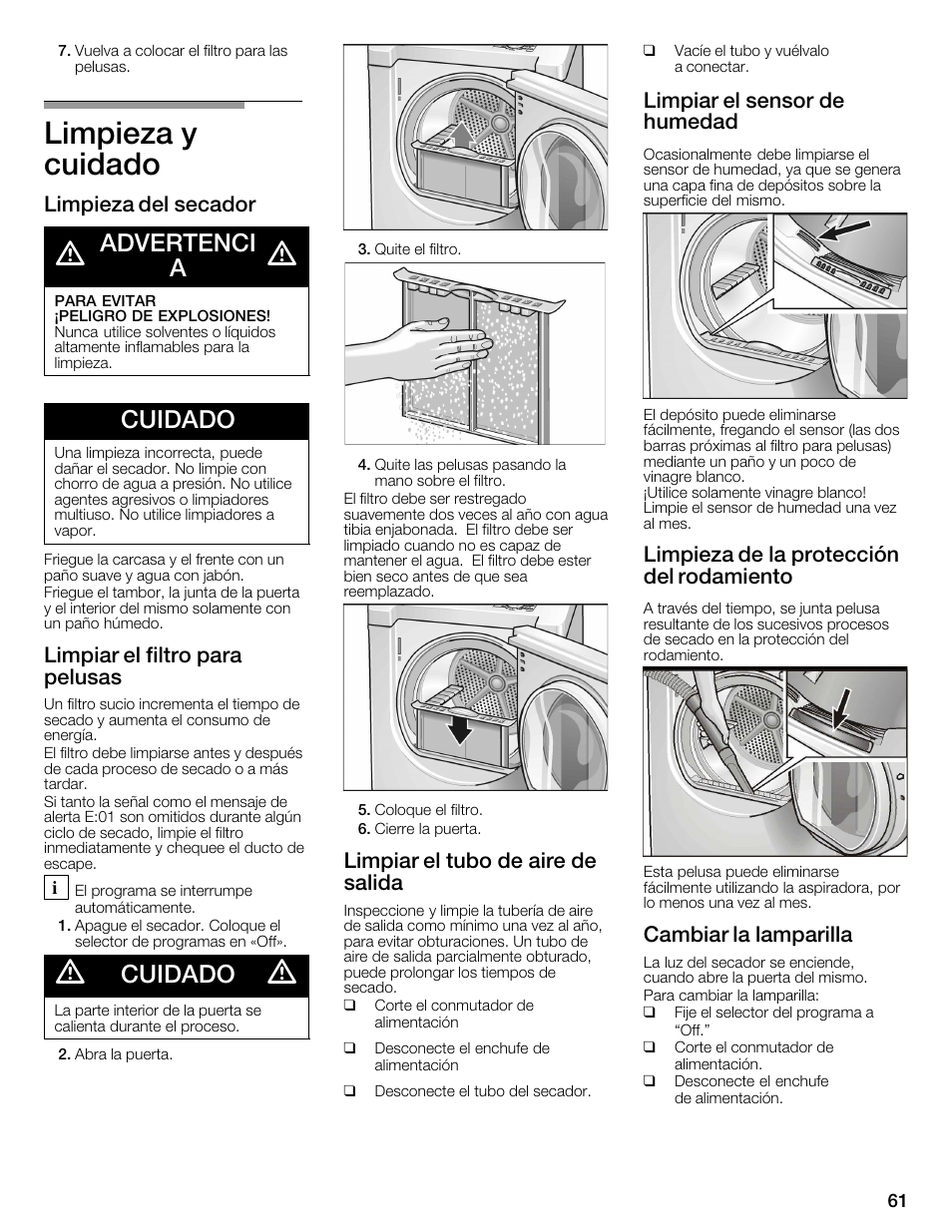 Limpieza y cuidado, Advertenci a, Cuidado | Limpieza del secador, Limpiar el filtro para pelusas, Limpiar el tubo de aire de salida, Limpiar el sensor de humedad, Limpieza de la protección del rodamiento, Cambiar la lamparilla | Bosch WTMC3321US User Manual | Page 61 / 64