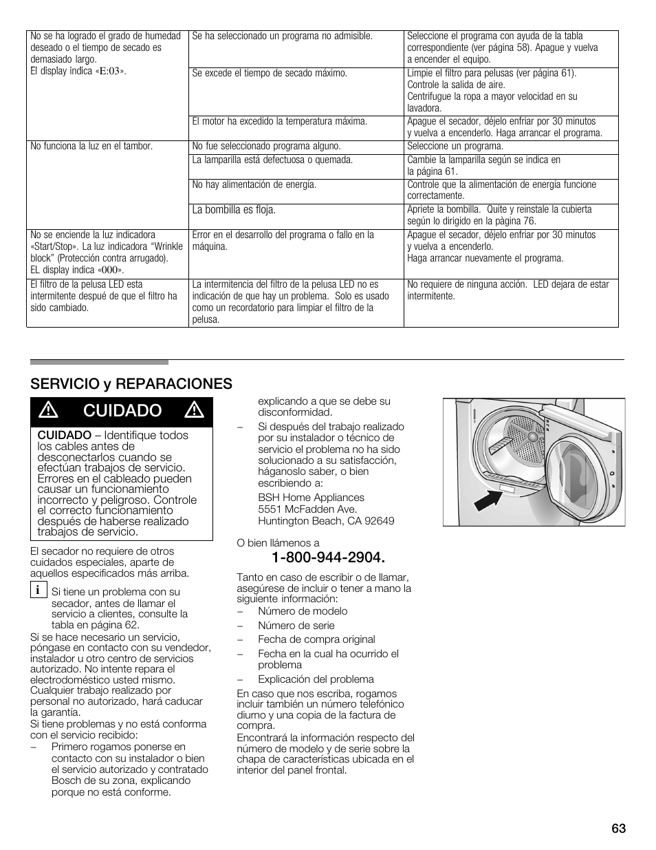 Cuidado, Servicio y reparaciones | Bosch WTMC3321US User Manual | Page 63 / 64