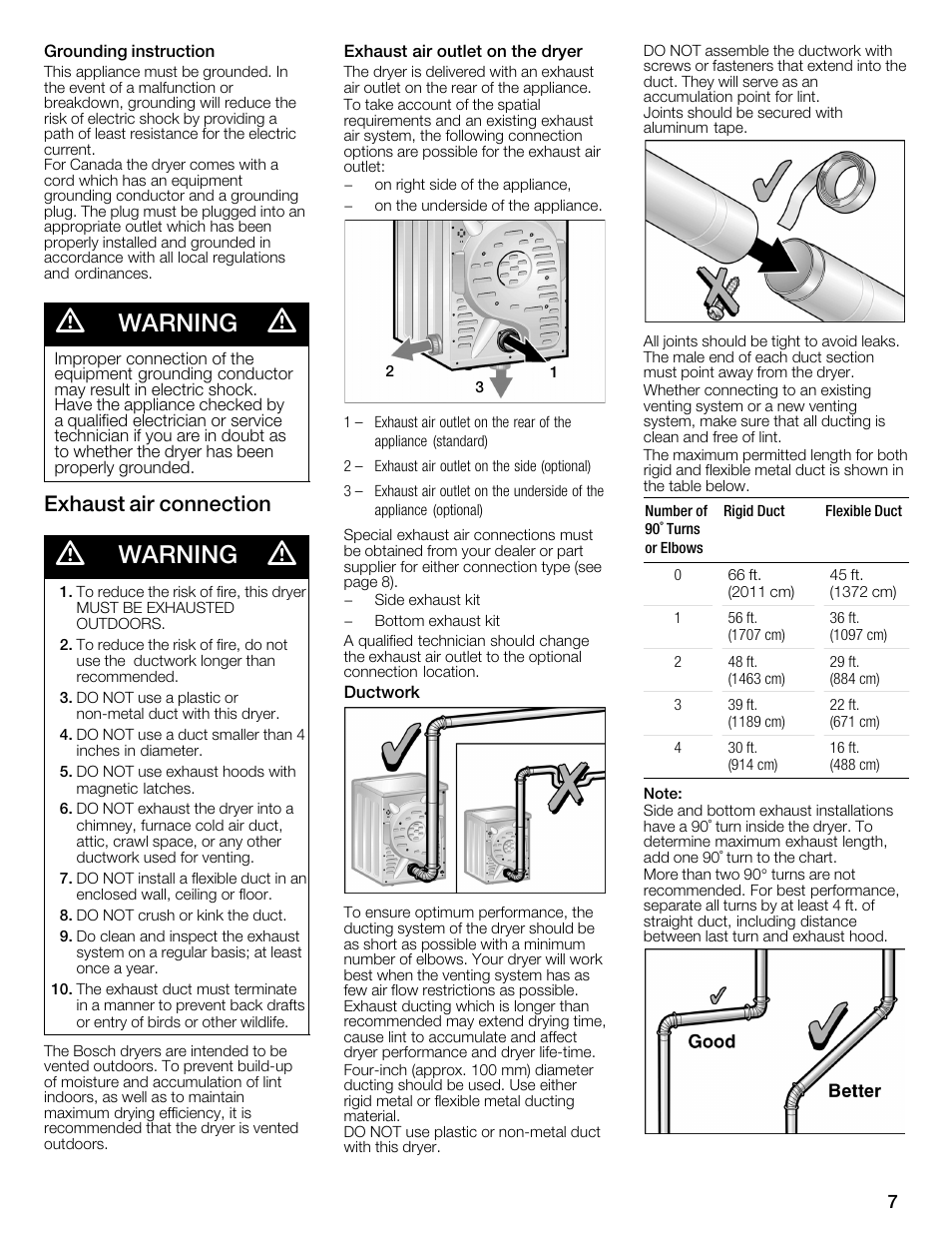 Warning, Exhaust air connection | Bosch WTMC3321US User Manual | Page 7 / 64