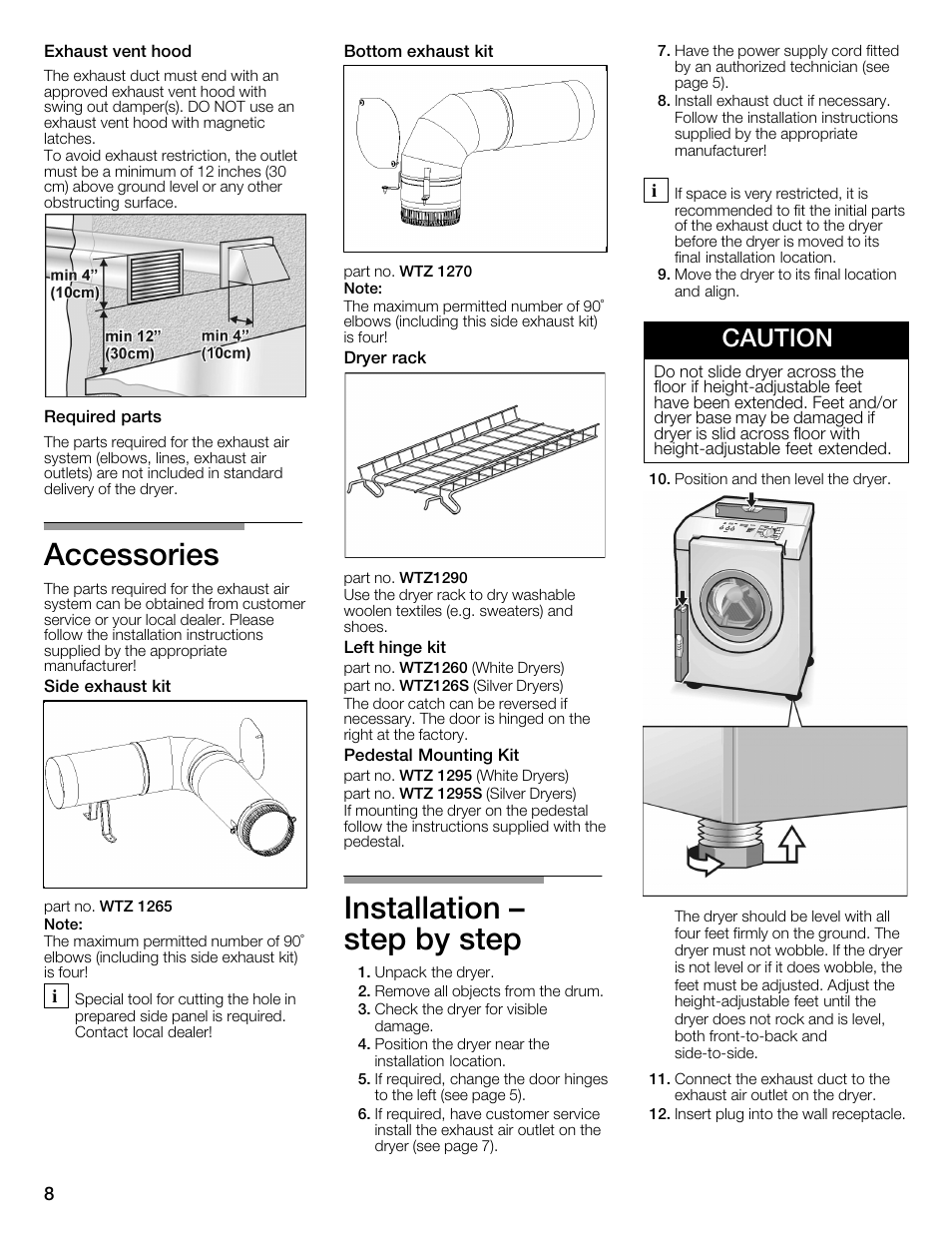 Accessories, Installation ć step by step, Caution | Bosch WTMC3321US User Manual | Page 8 / 64