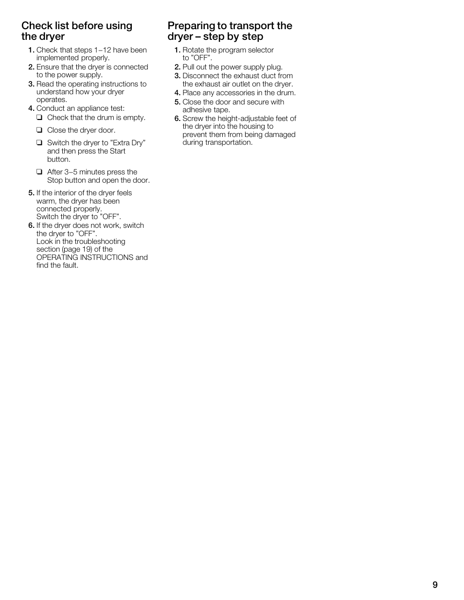 Check list before using the dryer, Preparing to transport the dryer ć step by step | Bosch WTMC3321US User Manual | Page 9 / 64