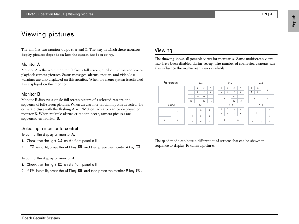 Viewing pictures, Viewing, Monitor a | Monitor b, Selecting a monitor to control, En g lish | Bosch EN User Manual | Page 11 / 34