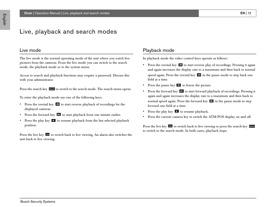 Live, playback and search modes, Live mode, Playback mode | Bosch EN User Manual | Page 14 / 34
