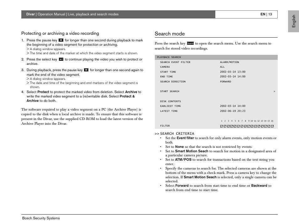 Search mode, Protecting or archiving a video recording | Bosch EN User Manual | Page 15 / 34