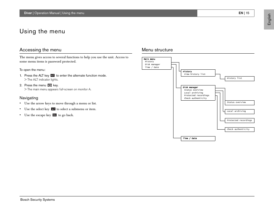 Using the menu, Accessing the menu, Menu structure | Bosch EN User Manual | Page 17 / 34