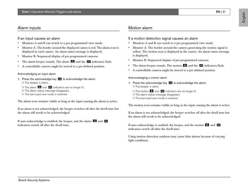 Alarm inputs, Motion alarm | Bosch EN User Manual | Page 23 / 34