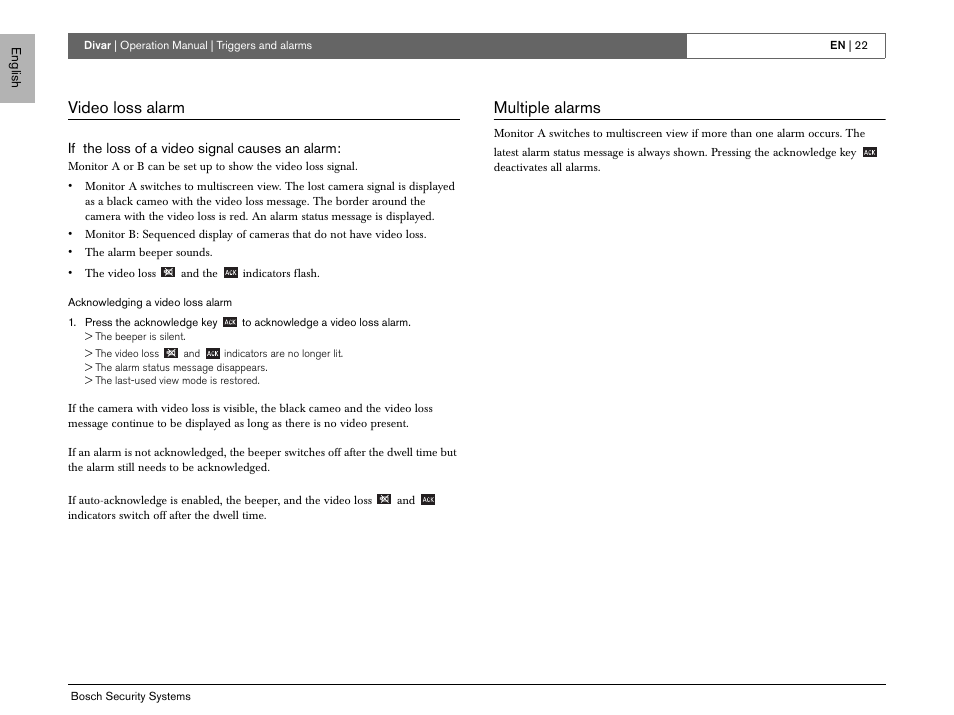 Video loss alarm, Multiple alarms | Bosch EN User Manual | Page 24 / 34