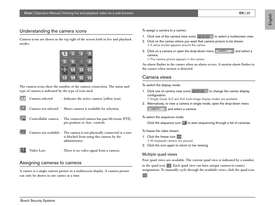 Understanding the camera icons, Assigning cameras to cameos, Camera views | Bosch EN User Manual | Page 27 / 34