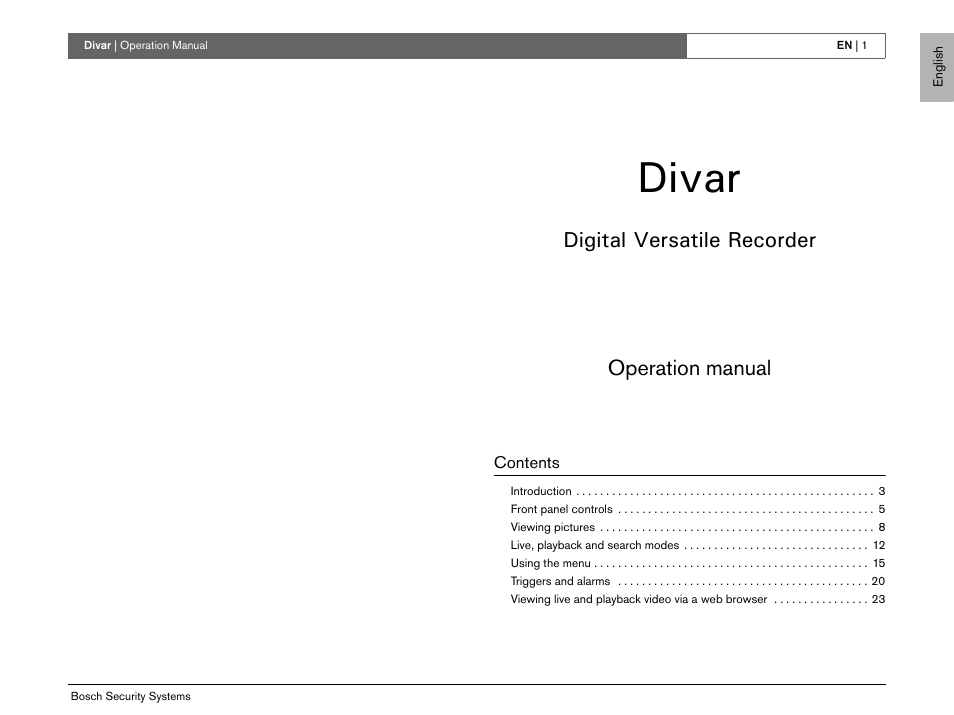 Divar, Digital versatile recorder operation manual | Bosch EN User Manual | Page 3 / 34