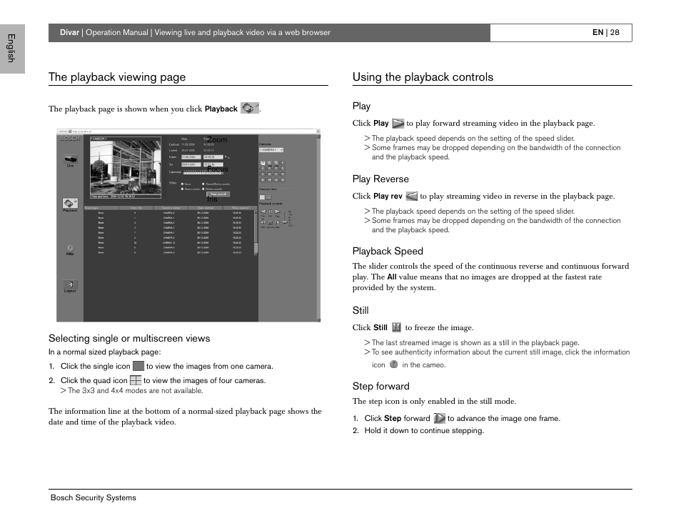 The playback viewing page, Using the playback controls | Bosch EN User Manual | Page 30 / 34