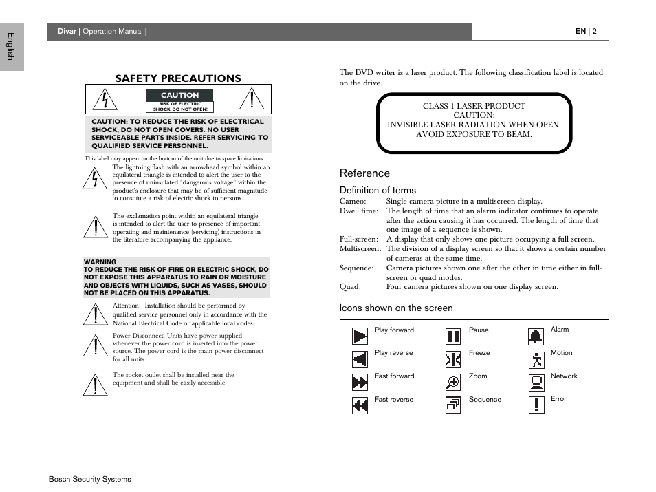 Reference, Safety precautions, Definition of terms | Icons shown on the screen | Bosch EN User Manual | Page 4 / 34