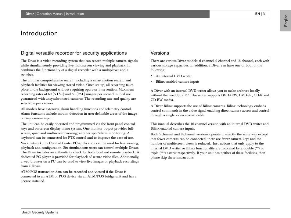 Introduction, Versions | Bosch EN User Manual | Page 5 / 34