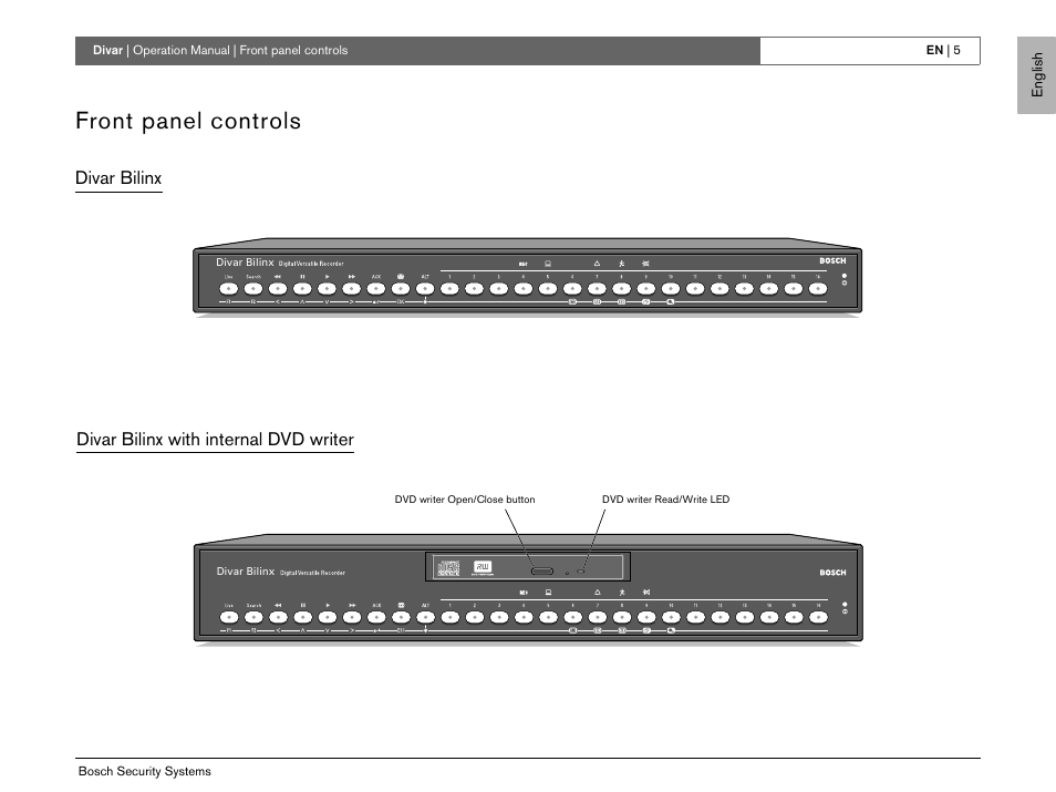 Front panel controls, Divar bilinx divar bilinx with internal dvd writer | Bosch EN User Manual | Page 7 / 34