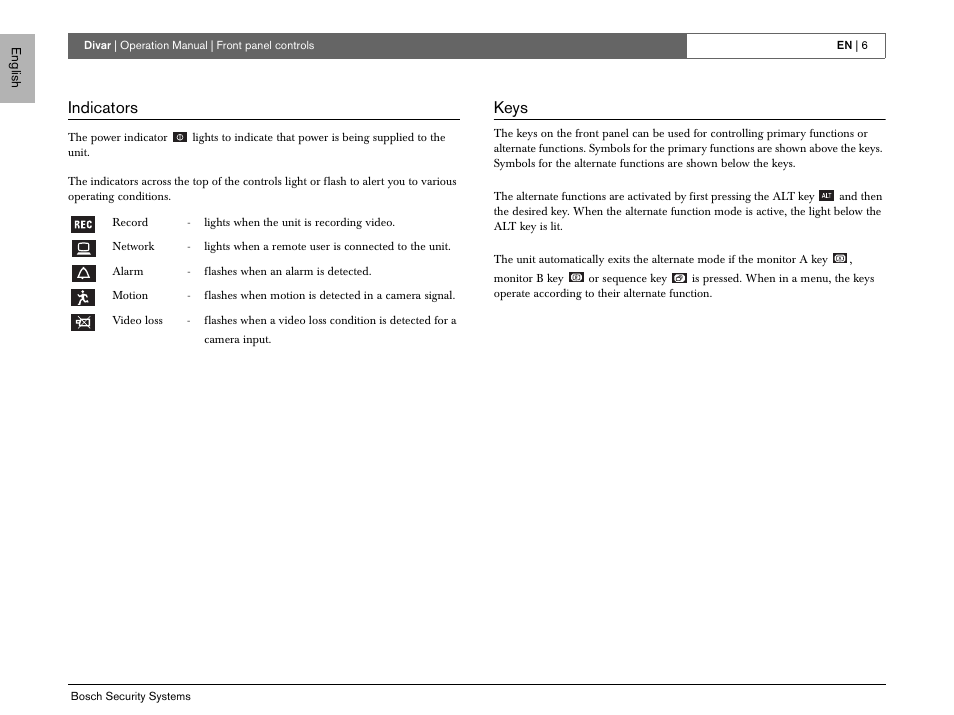 Indicators, Keys | Bosch EN User Manual | Page 8 / 34