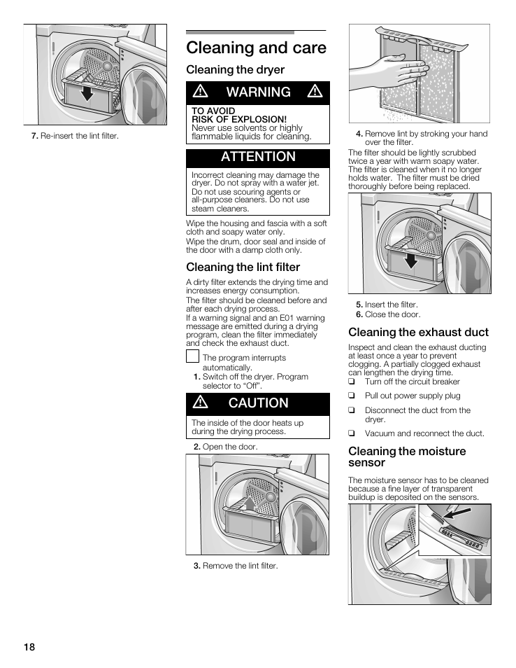 Cleaning and care, A warning a, Attention | A caution, Cleaning the dryer, Cleaning the lint filter, Cleaning the exhaust duct, Cleaning the moisture sensor | Bosch WTMC5321US/CN User Manual | Page 18 / 68