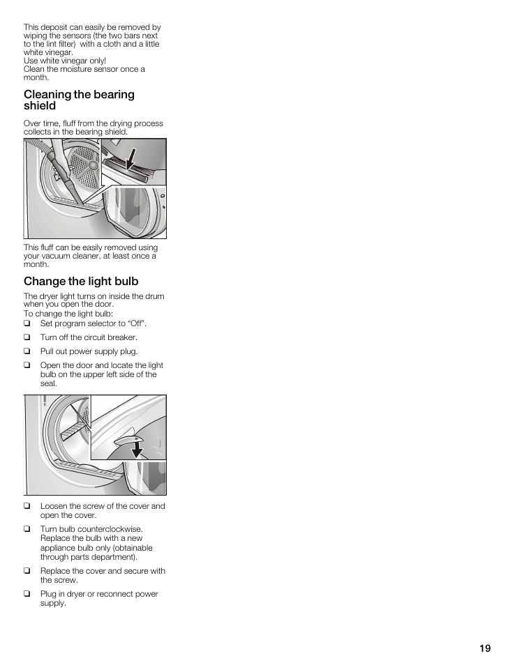 Cleaning the bearing shield, Change the light bulb | Bosch WTMC5321US/CN User Manual | Page 19 / 68