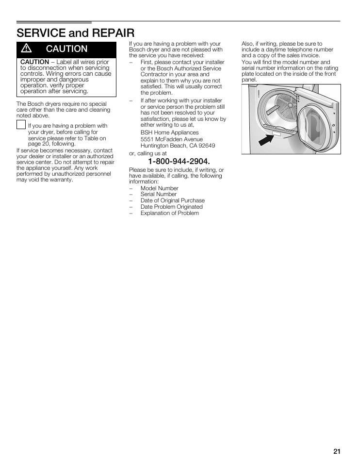 Caution, Service and repair caution | Bosch WTMC5321US/CN User Manual | Page 21 / 68