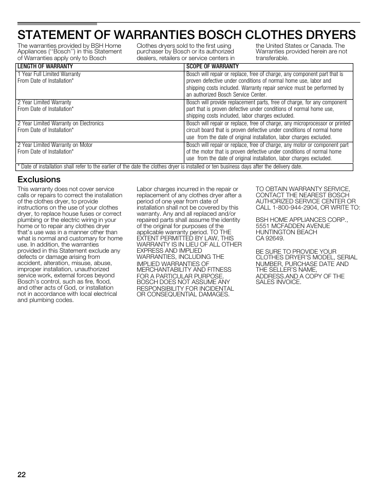 Statement of warranties bosch clothes dryers, Exclusions | Bosch WTMC5321US/CN User Manual | Page 22 / 68