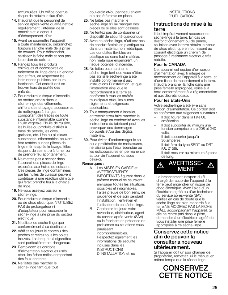 Avertisse, Ment, Conservez cette notice | Avertisse­ ment, Instructions de mise à la terre | Bosch WTMC5321US/CN User Manual | Page 25 / 68