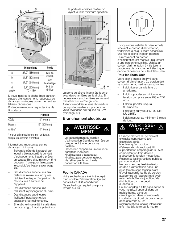 A avertisse- ^ ment, Avertisse a ment, Avertisse | Ment, Branchement électrique | Bosch WTMC5321US/CN User Manual | Page 27 / 68