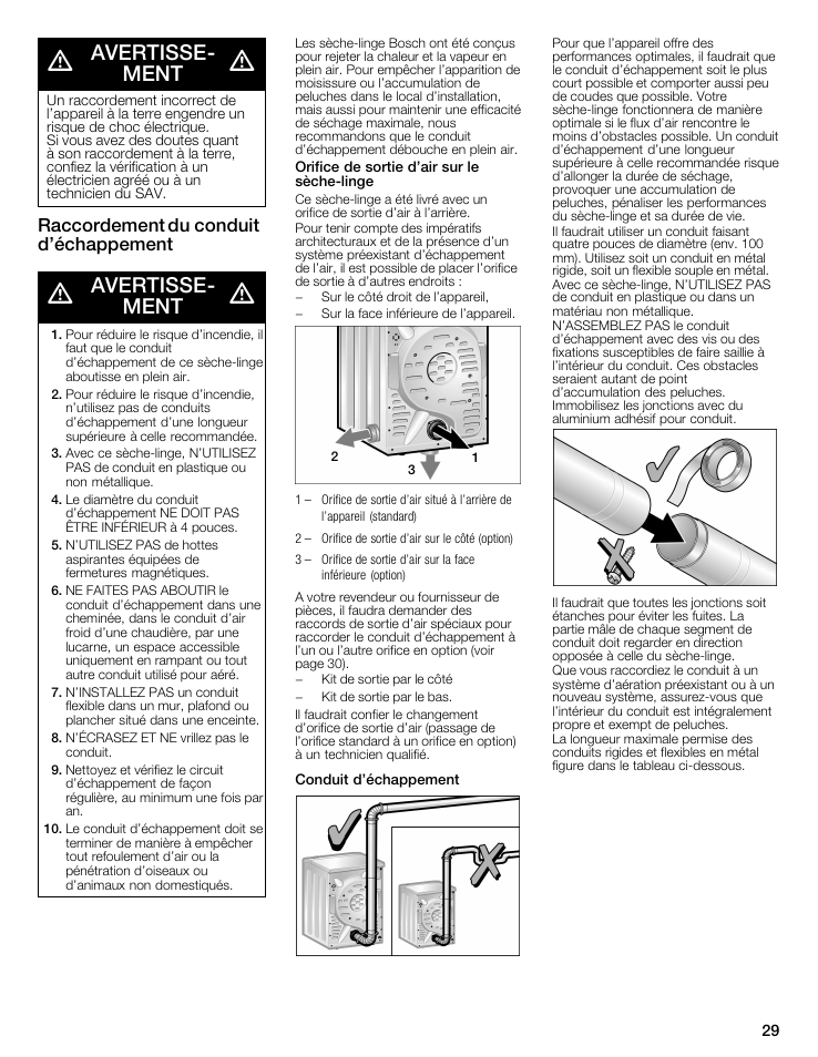 Avertisse, Ment, Avertisse­ ment | Raccordement du conduit d’échappement | Bosch WTMC5321US/CN User Manual | Page 29 / 68