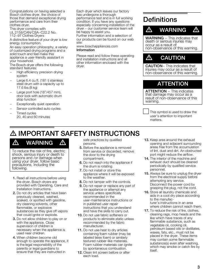 Definitions, A warning a, A caution | Attention, A important safety instructions, Definitions a warning a, A important safety instructions a warning a | Bosch WTMC5321US/CN User Manual | Page 3 / 68