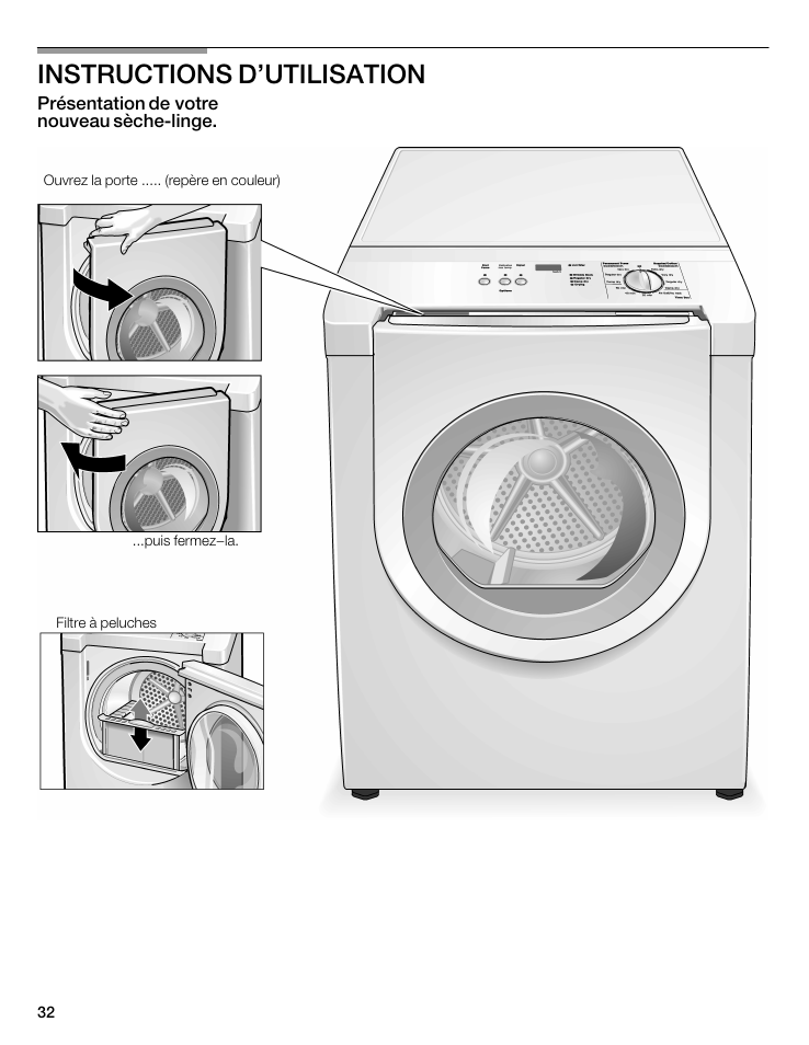 Instructions d’utilisation, Présentation de votre nouveau sèche-linge | Bosch WTMC5321US/CN User Manual | Page 32 / 68