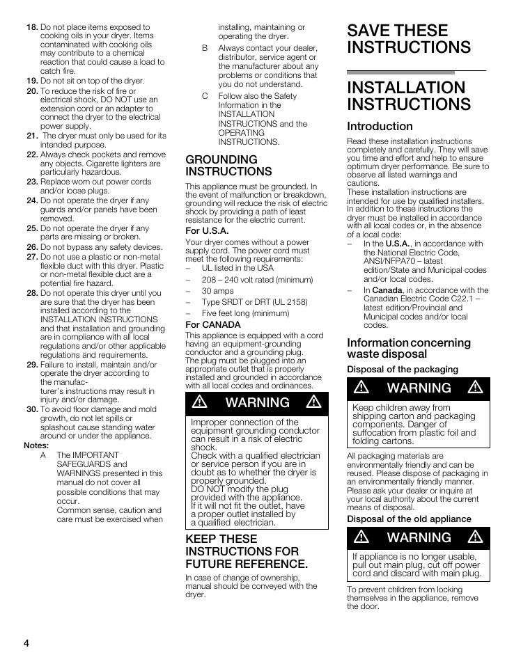 A warning a, Save these instructions, Installation | Instructions, Introduction, Save these instructions installation instructions, Warning, Grounding instructions, Keep these instructions for future reference, Information concerning waste disposal | Bosch WTMC5321US/CN User Manual | Page 4 / 68