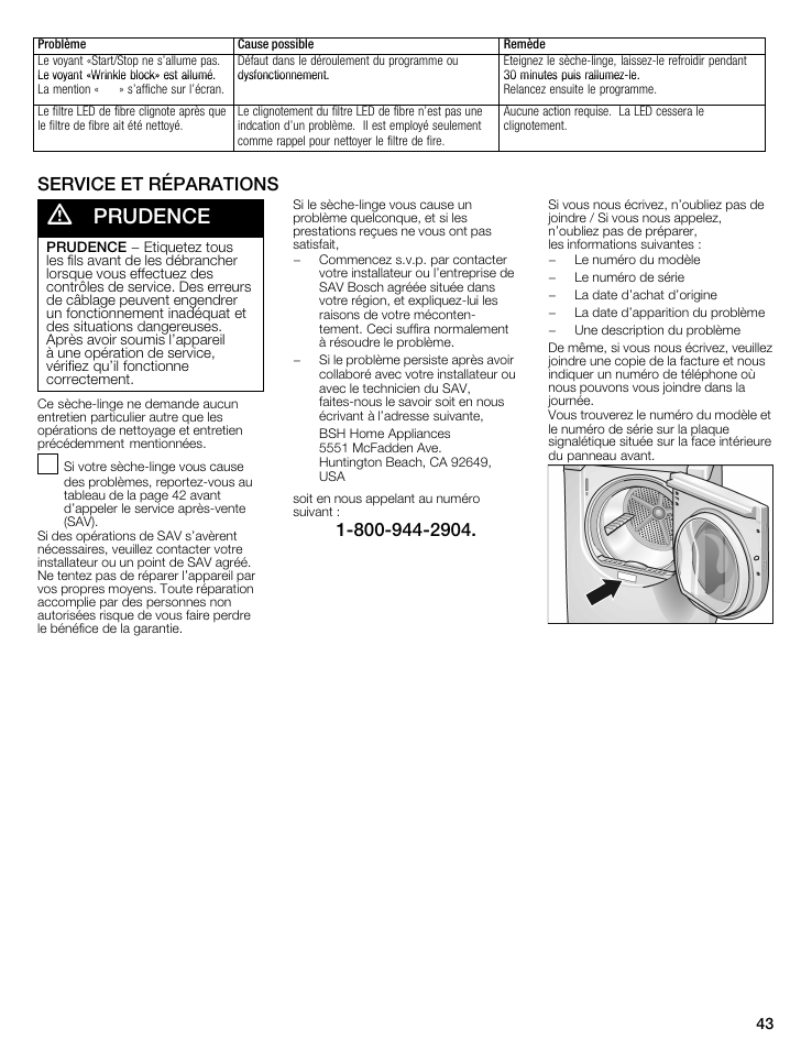 A prudence, Service et reparations | Bosch WTMC5321US/CN User Manual | Page 43 / 68