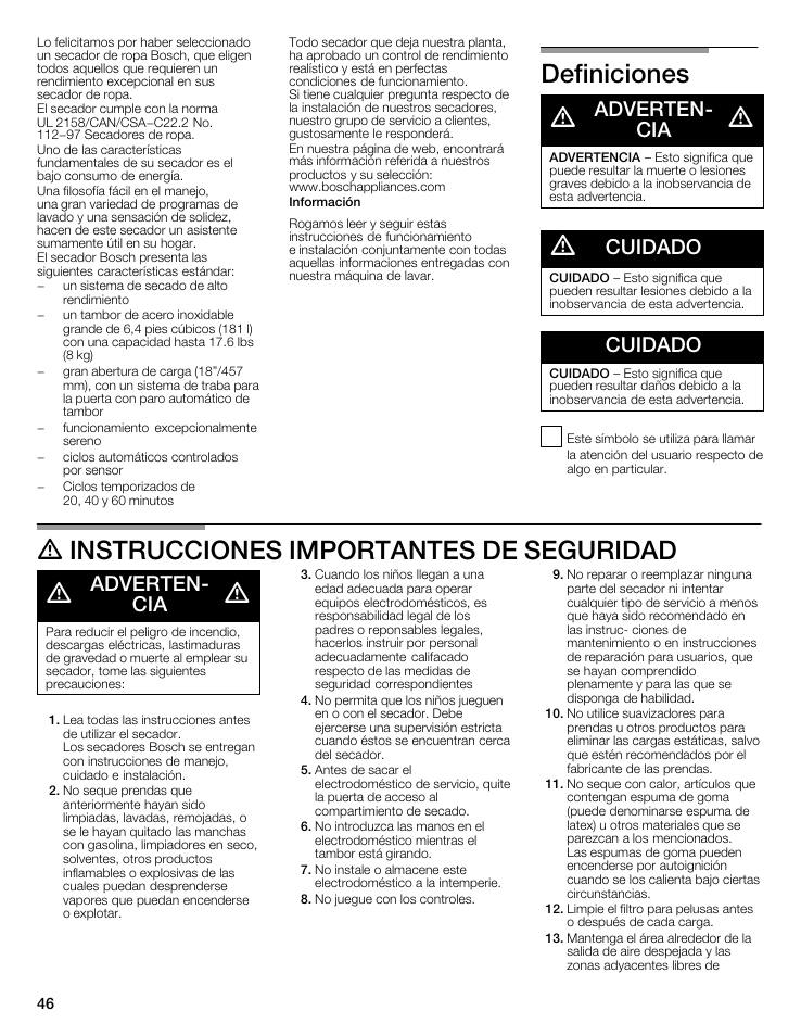 Definiciones, A adverten- a ^ cia, A cuidado | Cuidado, A instrucciones importantes de seguridad, A adverten- a a cia a, Definiciones a adverten | Bosch WTMC5321US/CN User Manual | Page 46 / 68