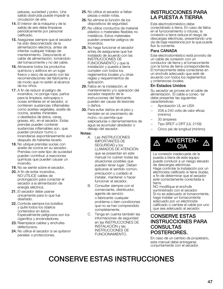 Adverten, Conserve estas instrucciones, Adverten­ cia | Bosch WTMC5321US/CN User Manual | Page 47 / 68