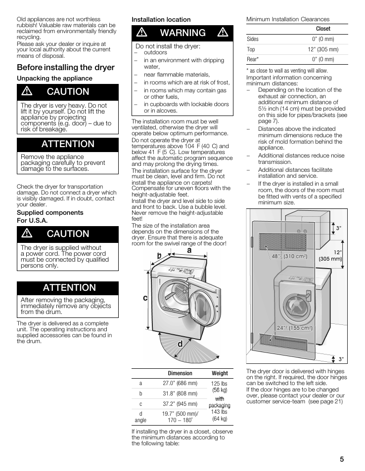 A caution, Attention, A warning a | Before installing the dryer | Bosch WTMC5321US/CN User Manual | Page 5 / 68