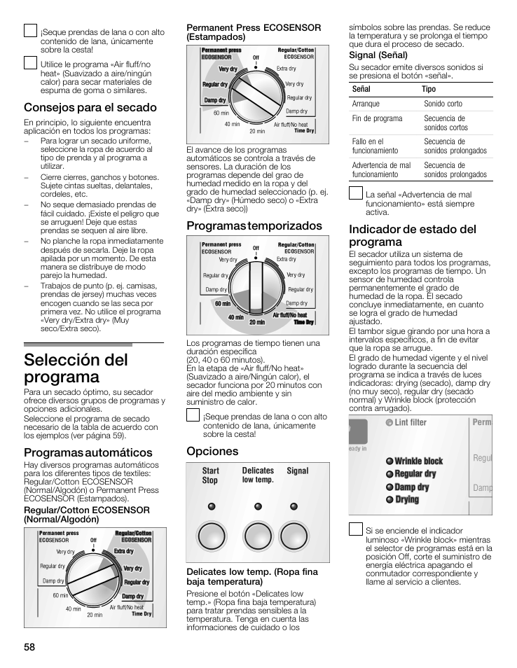 Selección del programa | Bosch WTMC5321US/CN User Manual | Page 58 / 68