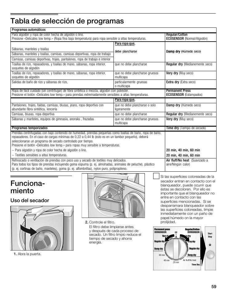 Tabla de selección de programas, Funciona, Miento | Funciona­ miento | Bosch WTMC5321US/CN User Manual | Page 59 / 68