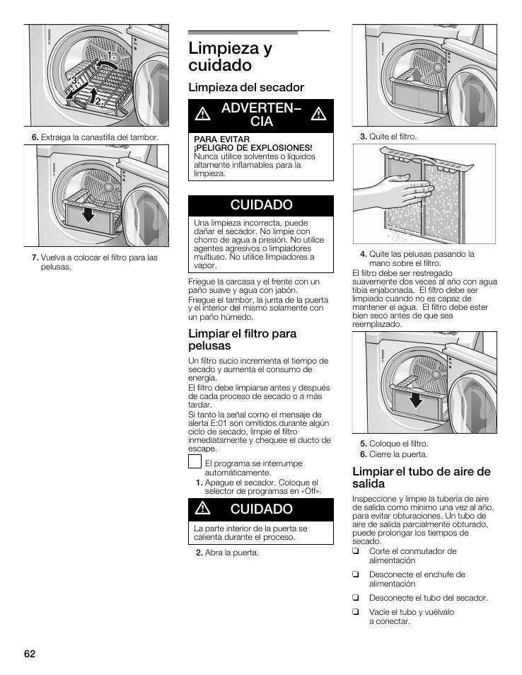 Limpieza y cuidado, A adverten- a ^ cia, Para evitar | Peligro de explosiones, Cuidado, A cuidado, Aadverten | Bosch WTMC5321US/CN User Manual | Page 62 / 68