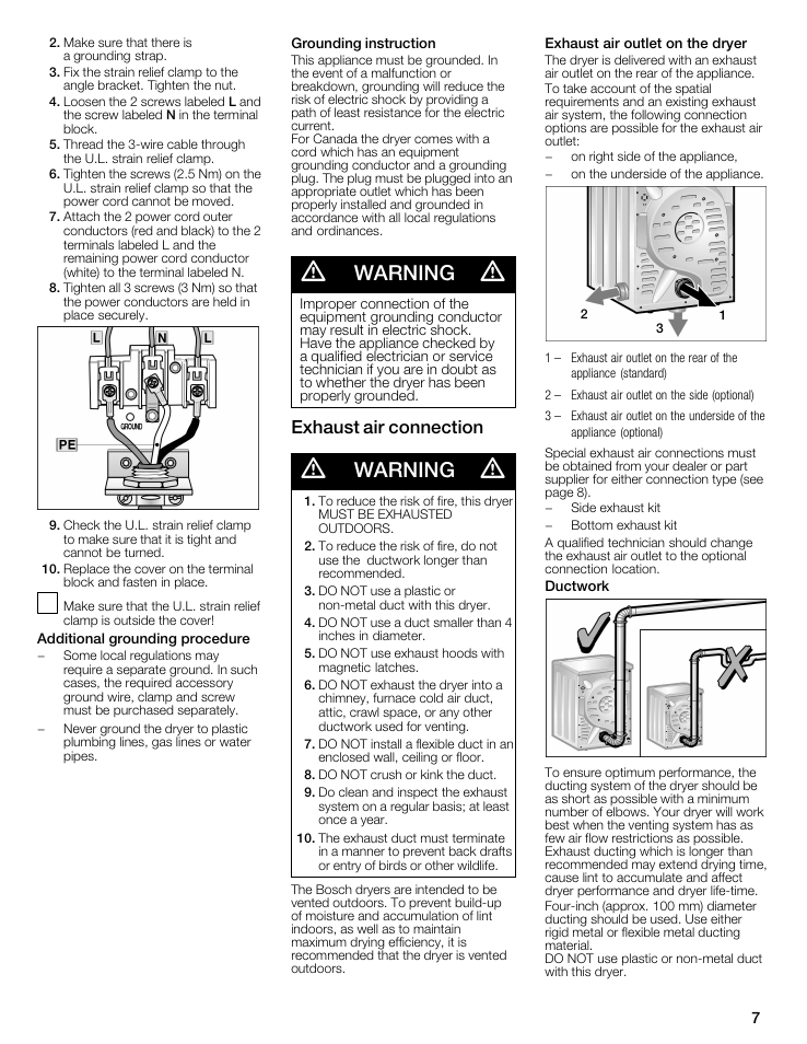 A warning a, Exhaust air connection | Bosch WTMC5321US/CN User Manual | Page 7 / 68