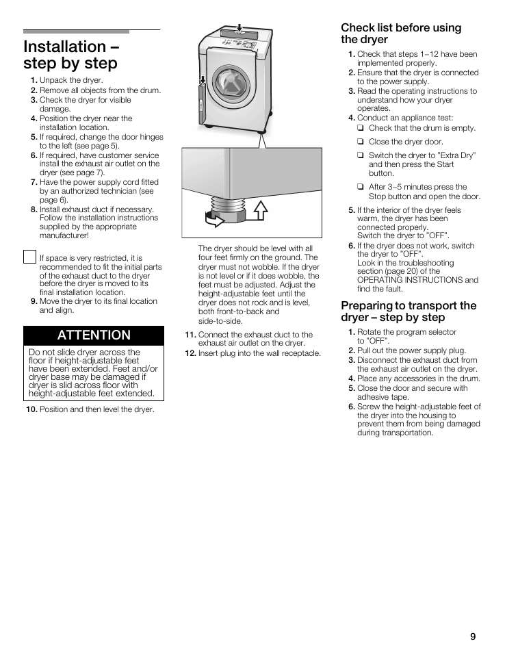 Installation - step by step, Attention, Instaiiation - step by step | Check list before using the dryer, Preparing to transport the dryer - step by step | Bosch WTMC5321US/CN User Manual | Page 9 / 68