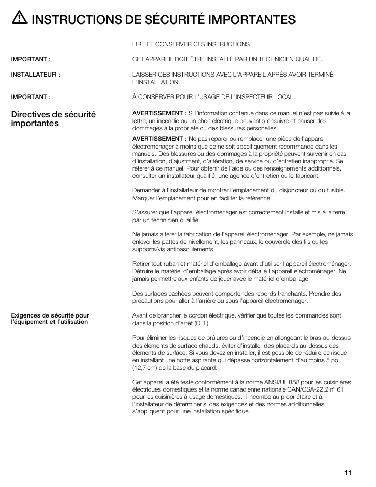 Instructions de sécurité importantes, Directives de sécurité importantes | Bosch NIT8653UC User Manual | Page 11 / 26