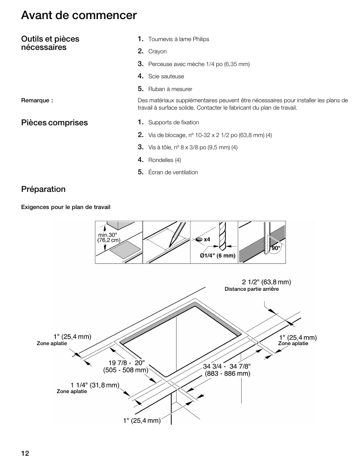 Avant de commencer, Outils et pièces nécessaires, Pièces comprises préparation | Bosch NIT8653UC User Manual | Page 12 / 26