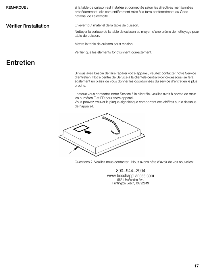 Entretien, Vérifier l'installation | Bosch NIT8653UC User Manual | Page 17 / 26