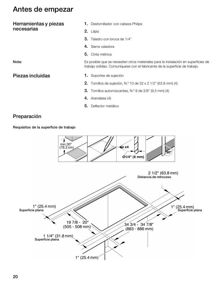 Antes de empezar, Herramientas y piezas necesarias, Piezas incluidas preparación | Bosch NIT8653UC User Manual | Page 20 / 26