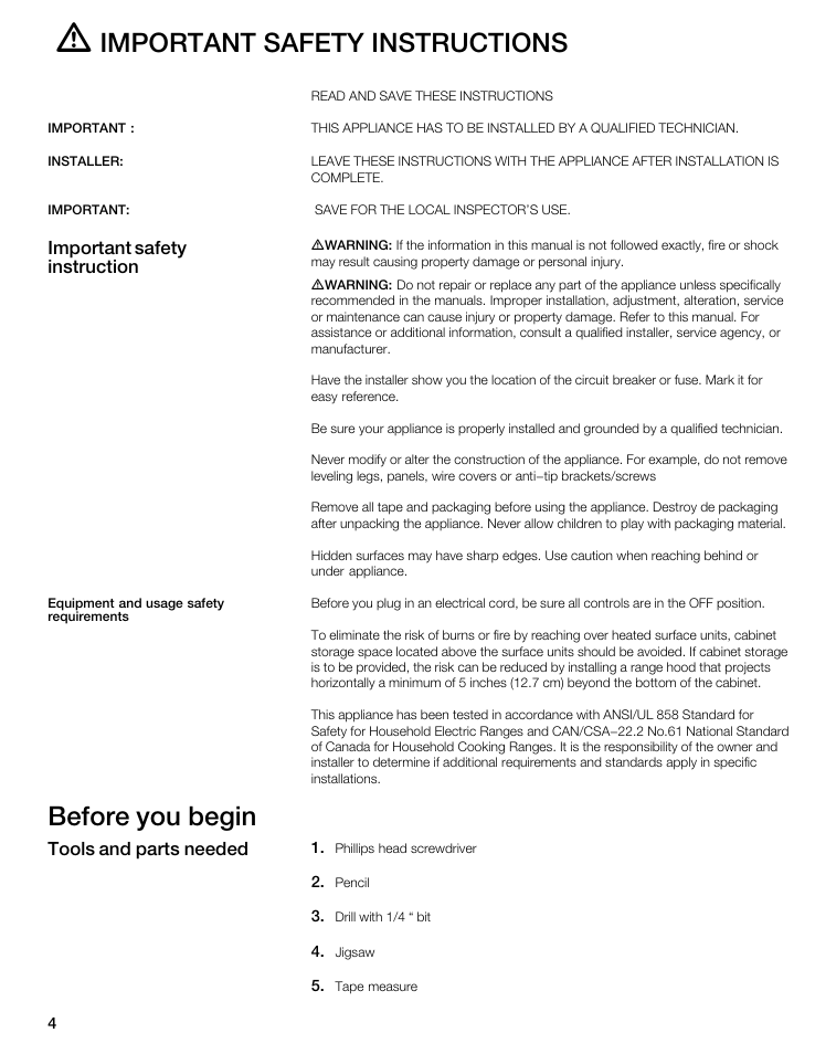 Important safety instructions, Before you begin | Bosch NIT8653UC User Manual | Page 4 / 26