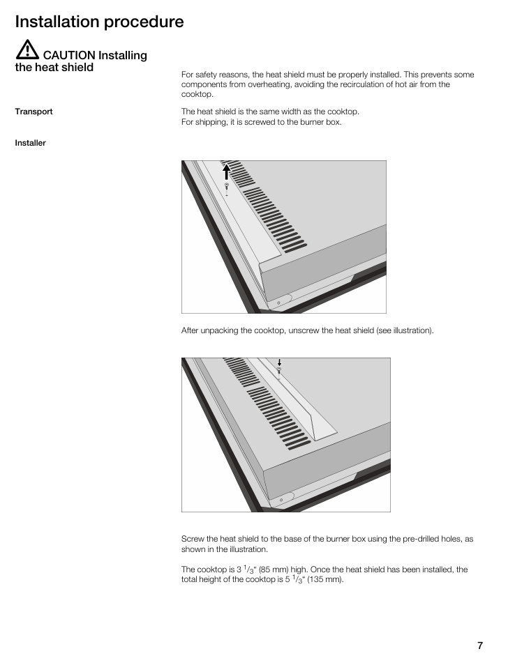 Installation procedure, Caution installing the heat shield | Bosch NIT8653UC User Manual | Page 7 / 26