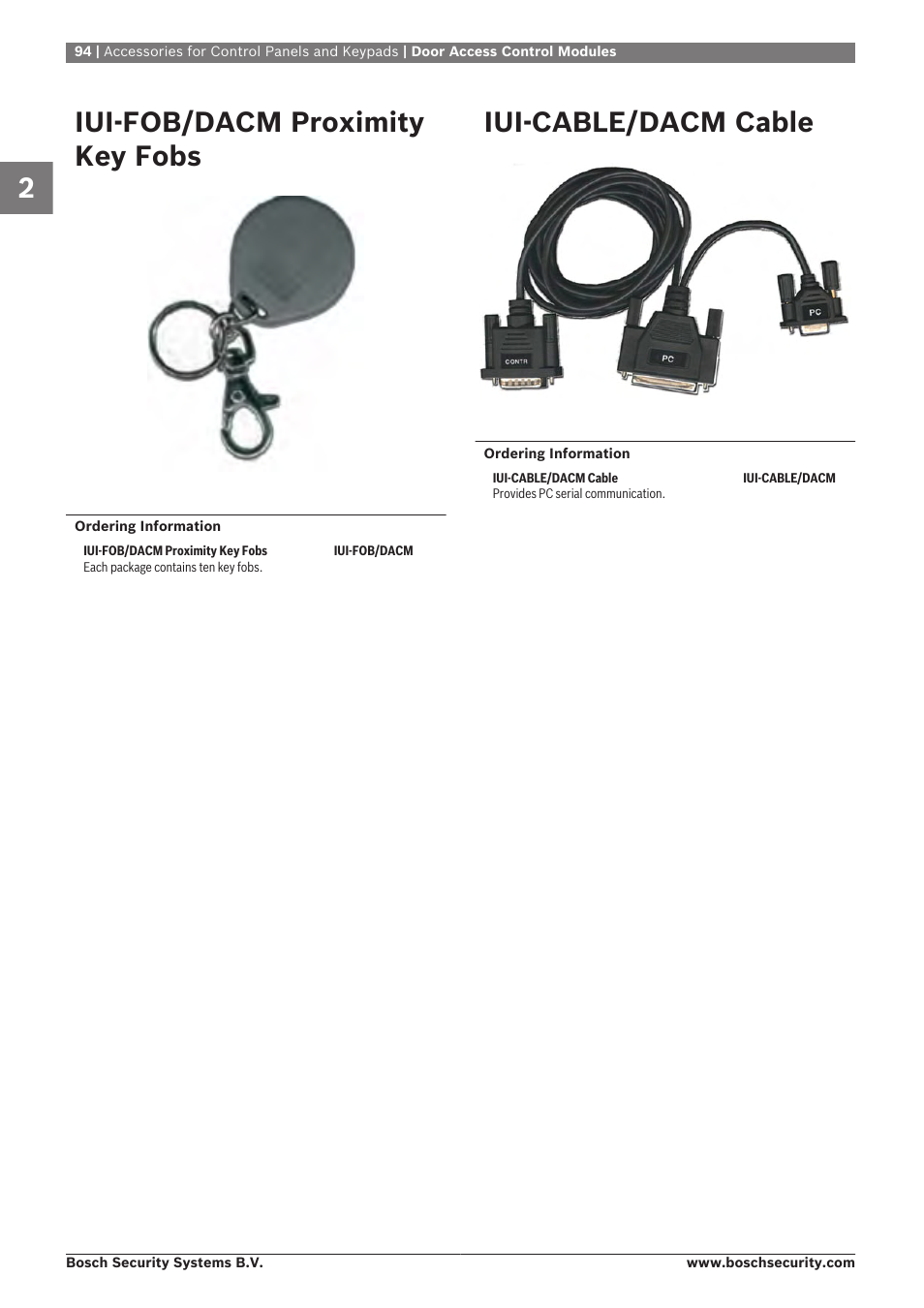 Iui‑fob/dacm proximity key fobs, Iui‑cable/dacm cable | Bosch 8-Dec User Manual | Page 102 / 506