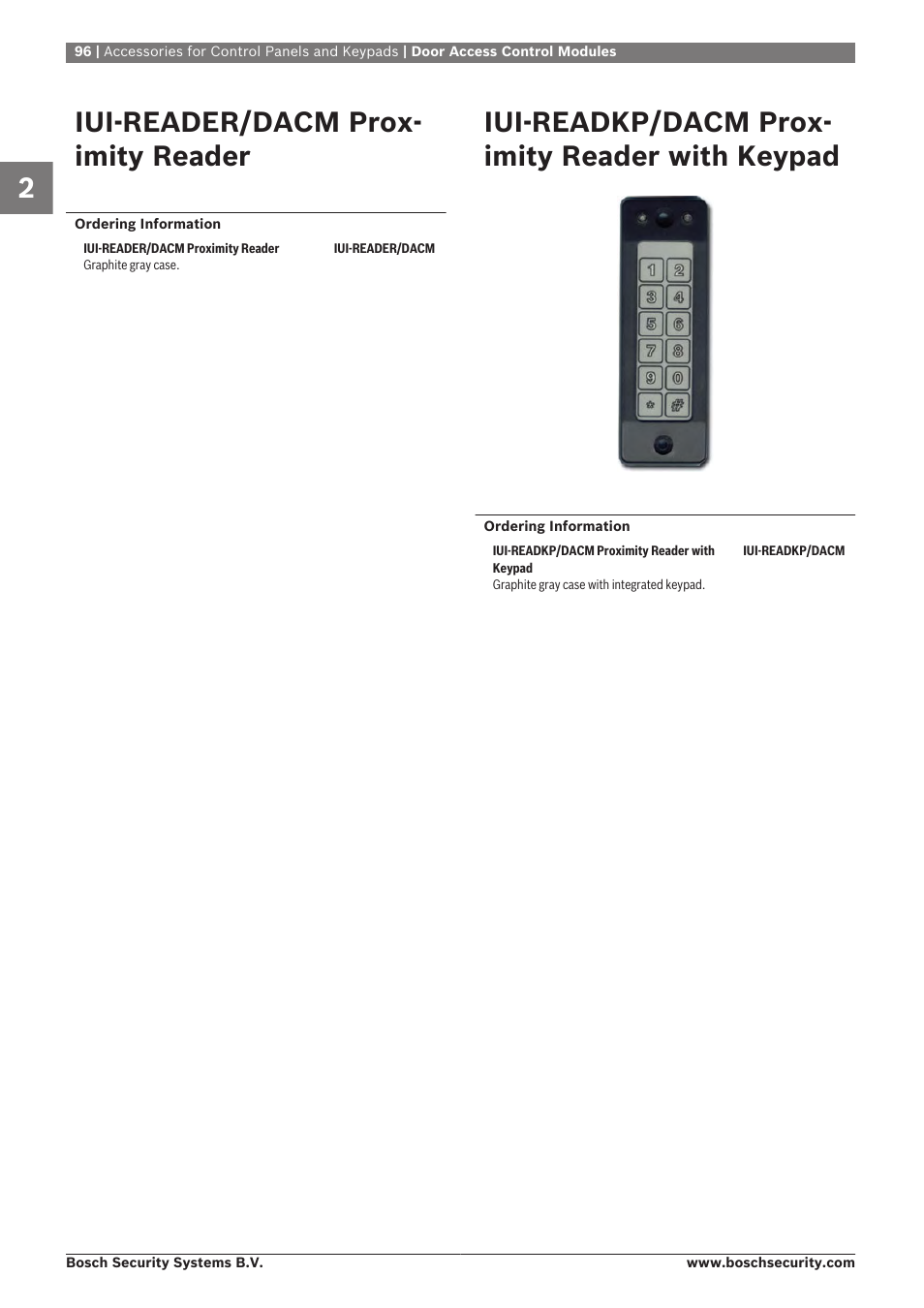 Iui‑reader/dacm proximity reader, Iui‑readkp/dacm proximity reader with keypad, Iui‑reader/dacm prox- imity reader | Iui‑readkp/dacm prox- imity reader with keypad | Bosch 8-Dec User Manual | Page 104 / 506