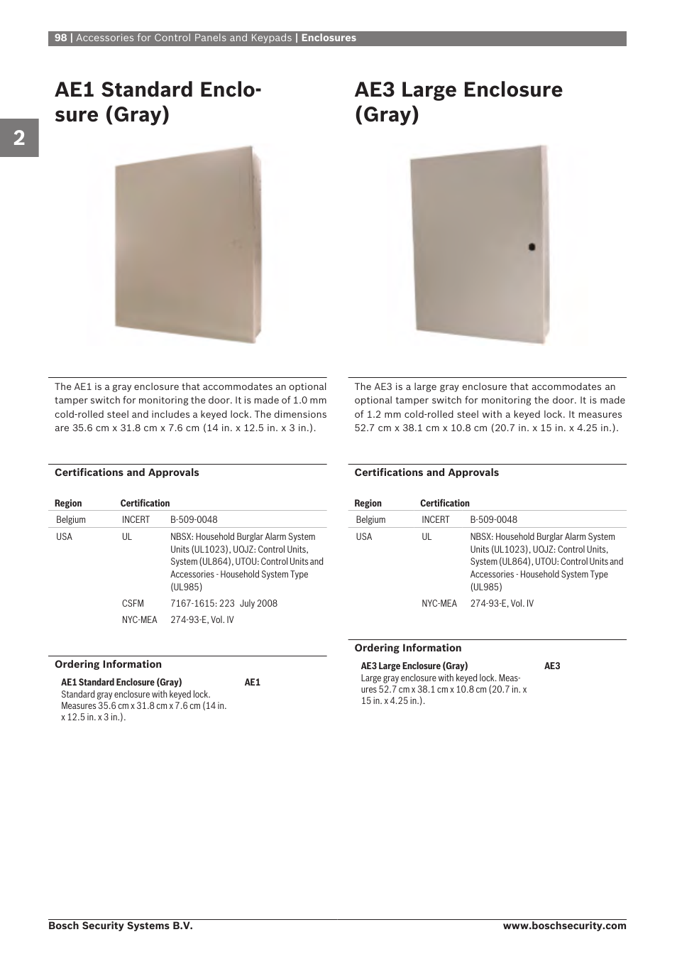 Ae1 standard enclosure (gray), Ae3 large enclosure (gray), Enclosures | Ae1 standard enclo- sure (gray) | Bosch 8-Dec User Manual | Page 106 / 506