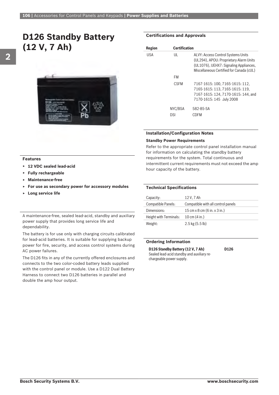 D126 standby battery (12 v, 7 ah) | Bosch 8-Dec User Manual | Page 114 / 506
